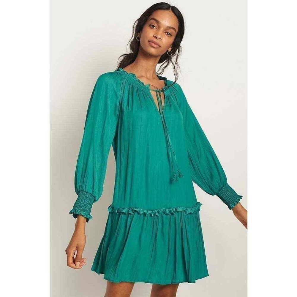 Anthropologie Giulia Long Puff Sleeve Green Spliced Neck Tie Tunic Dress Size XS